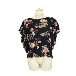 Willow + Root size small Floral Ruffle Sleeve Black Top